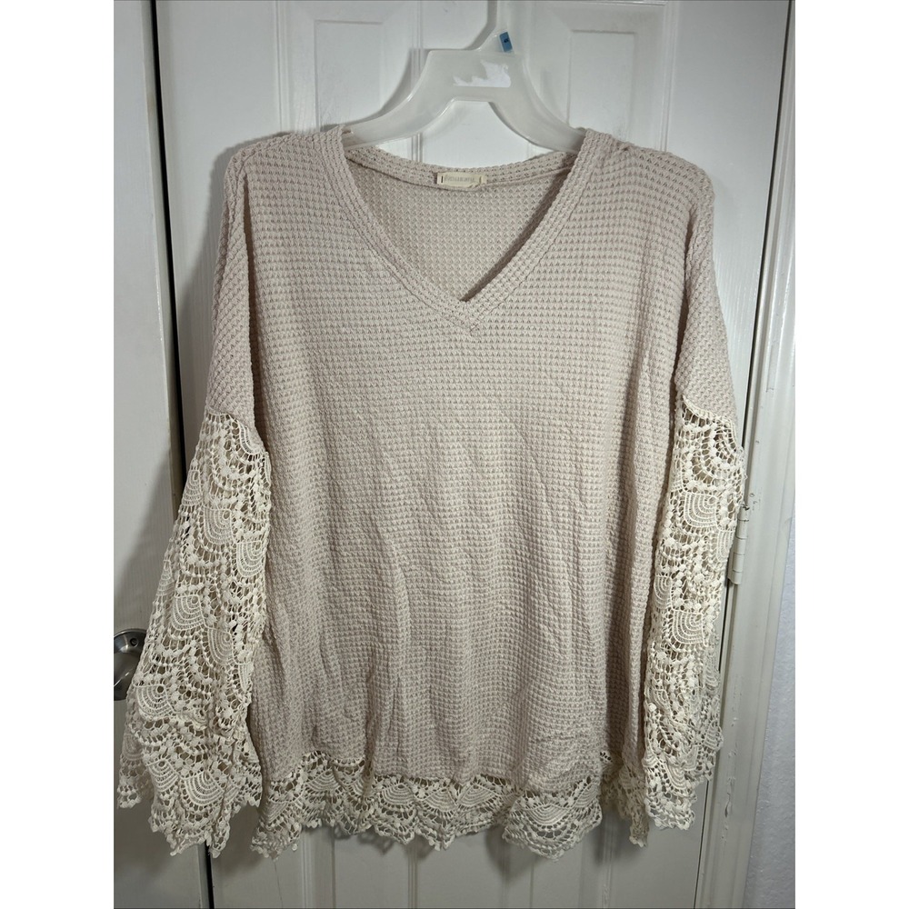 Boho Ivory‎ Top Crochet Accents Long Sleeves Relaxed Fit And the Why Womens S